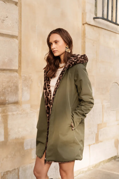 Parka Réversible Fourrée Kaki & Léopard