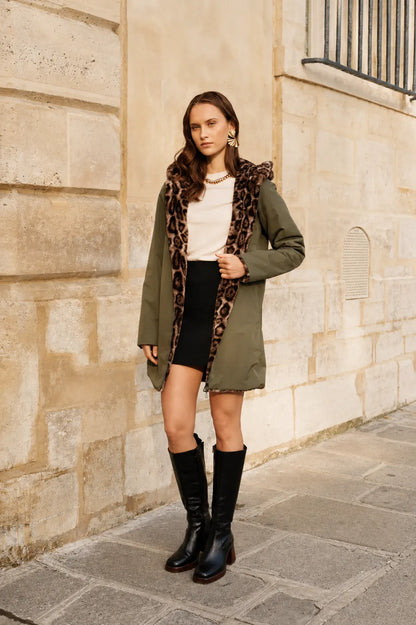 Parka Réversible Fourrée Kaki & Léopard