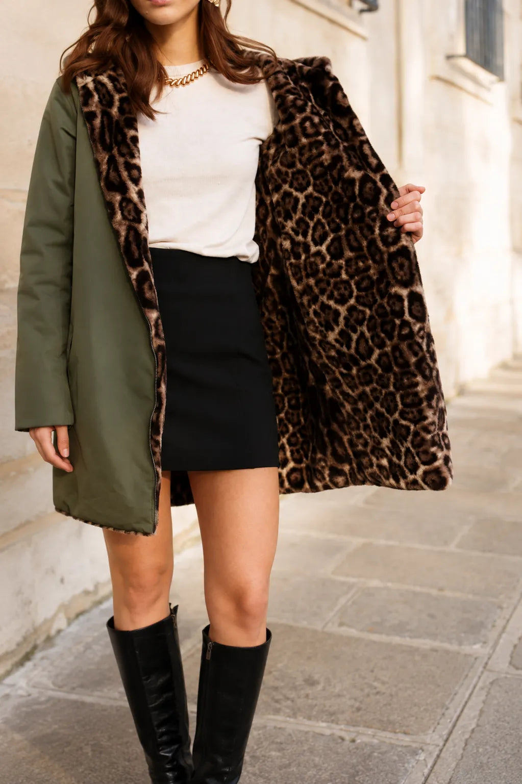 Parka Réversible Fourrée Kaki & Léopard