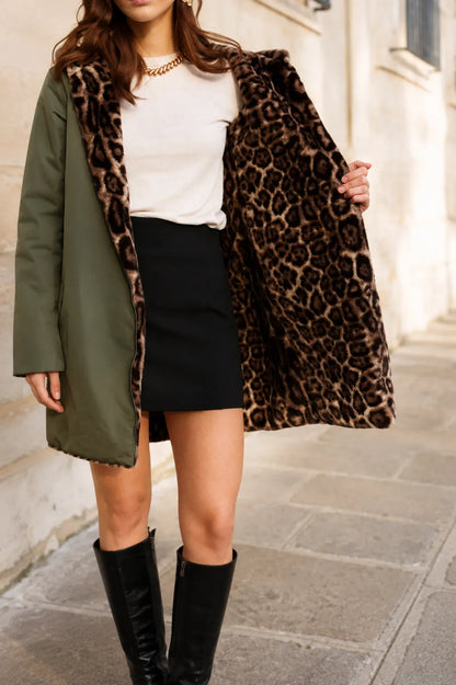 Parka Réversible Fourrée Kaki & Léopard