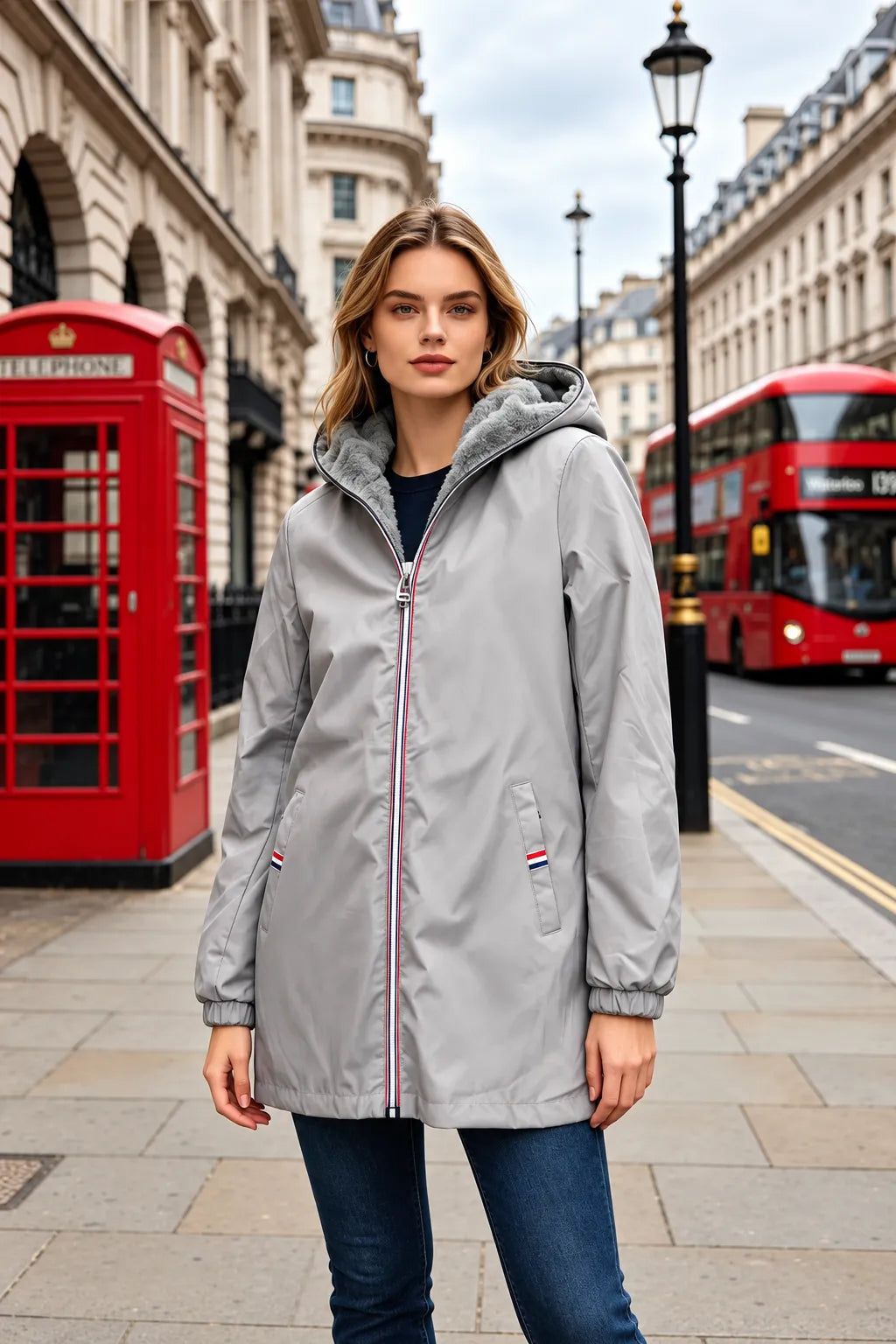 Manteau réversible entièrement fourré gris femme