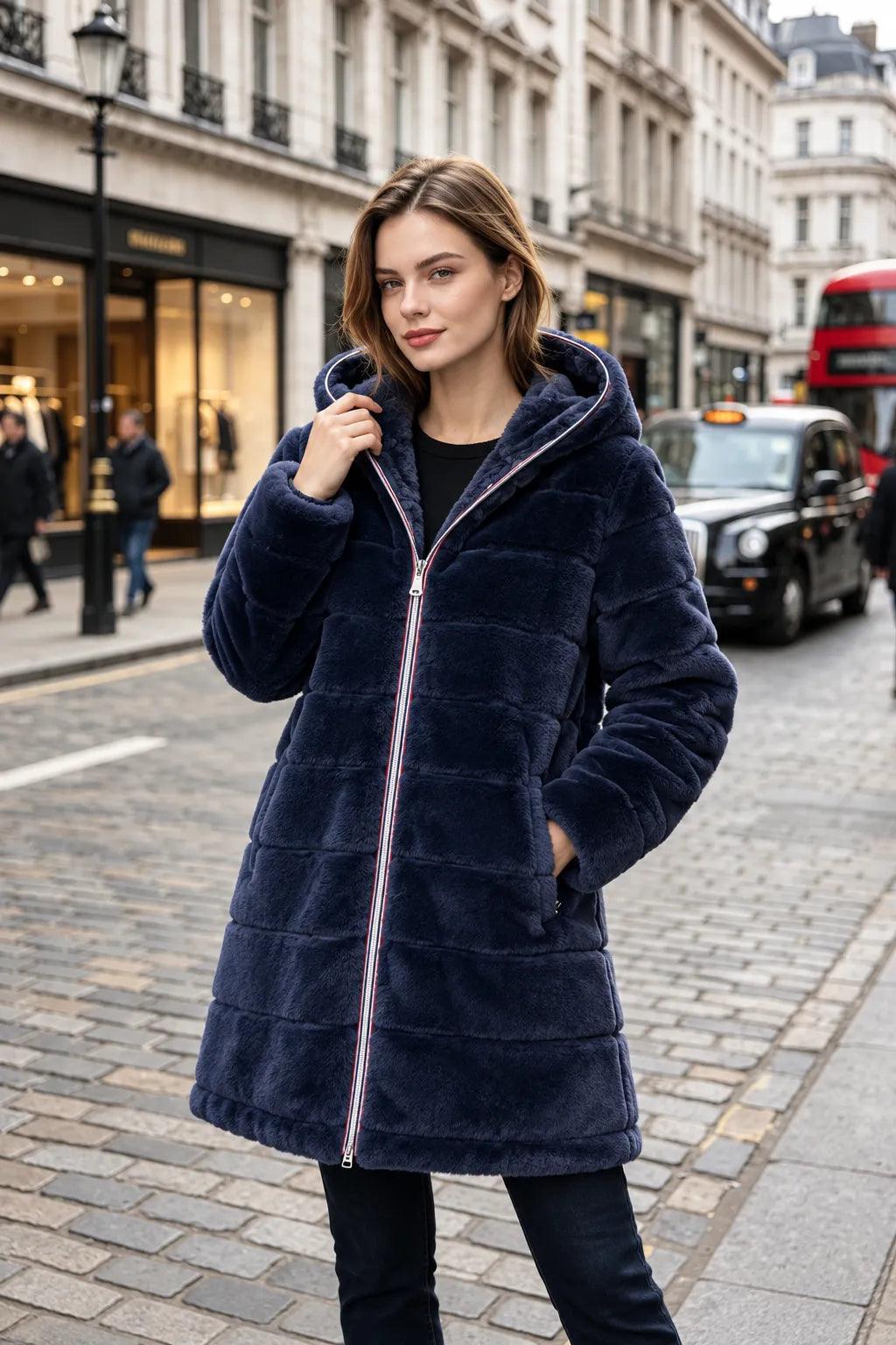 Manteau réversible entièrement fourré bleu marine femme