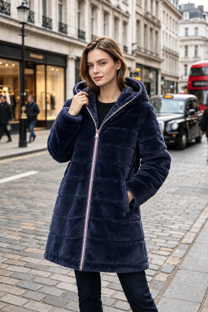 Manteau réversible entièrement fourré bleu marine femme
