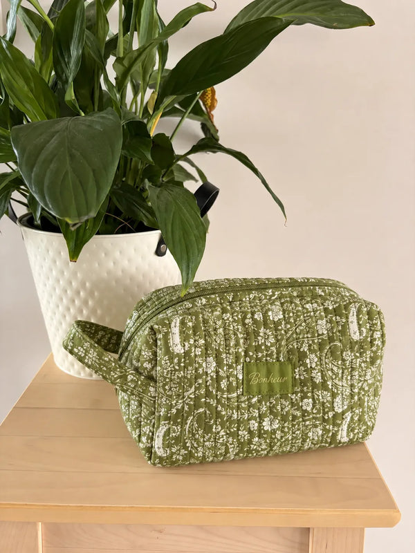 Trousse de Toilette Matelassée Bonheur – Coton Fleuri Vert Olive