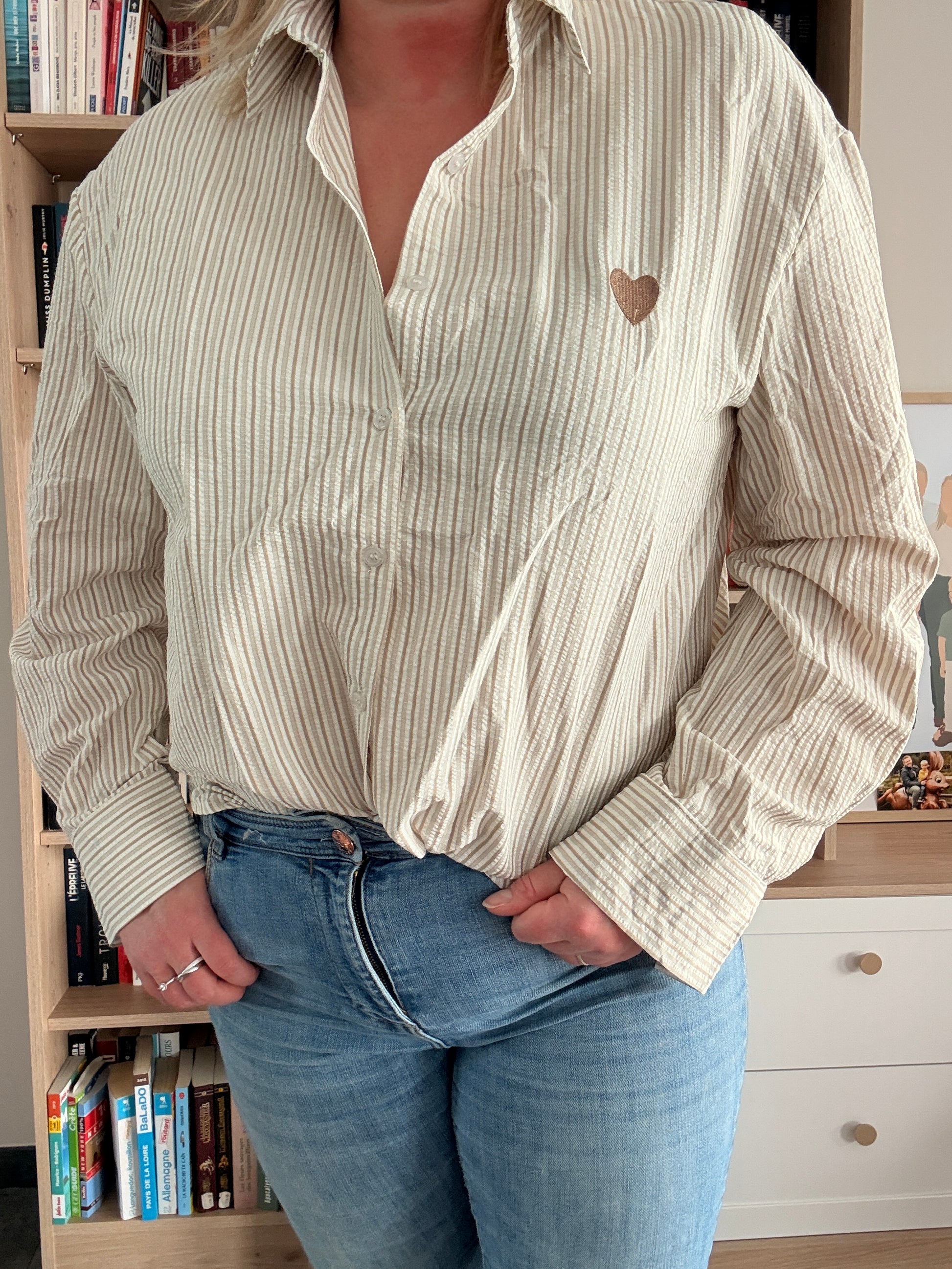 Chemise Femme Beige Rayures Marron - Manches Longues Coton Cœur Brodé
