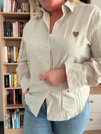 Chemise Femme Beige Rayures Marron - Manches Longues Coton Cœur Brodé