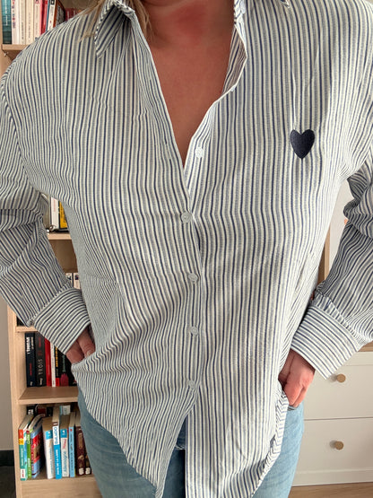 Chemise Femme Bleu Clair Rayures Blanches - Coton Cœur Brodé Marine