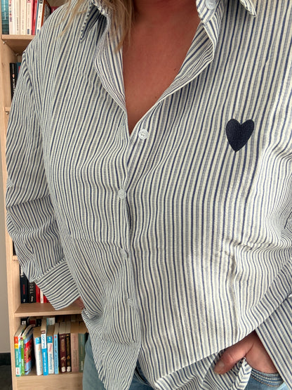 Chemise Femme Bleu Clair Rayures Blanches - Coton Cœur Brodé Marine