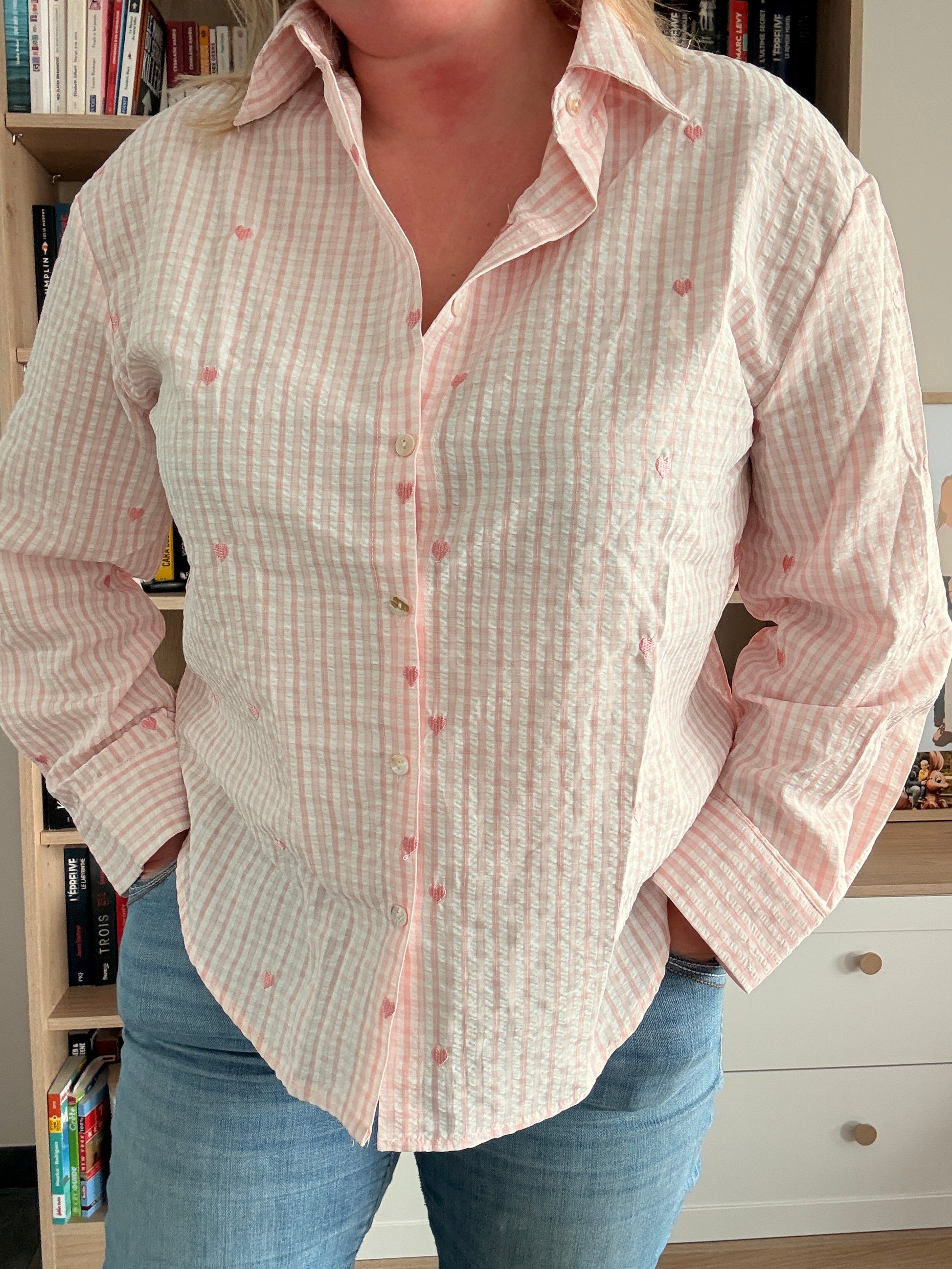 Chemise Femme Rose Carreaux Cœurs - Coton Manches Longues
