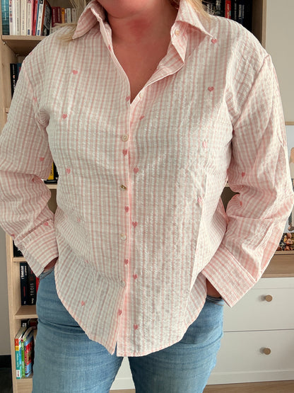 Chemise Femme Rose Carreaux Cœurs - Coton Manches Longues