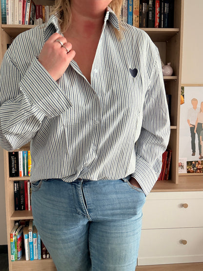 Chemise Femme Bleu Clair Rayures Blanches - Coton Cœur Brodé Marine