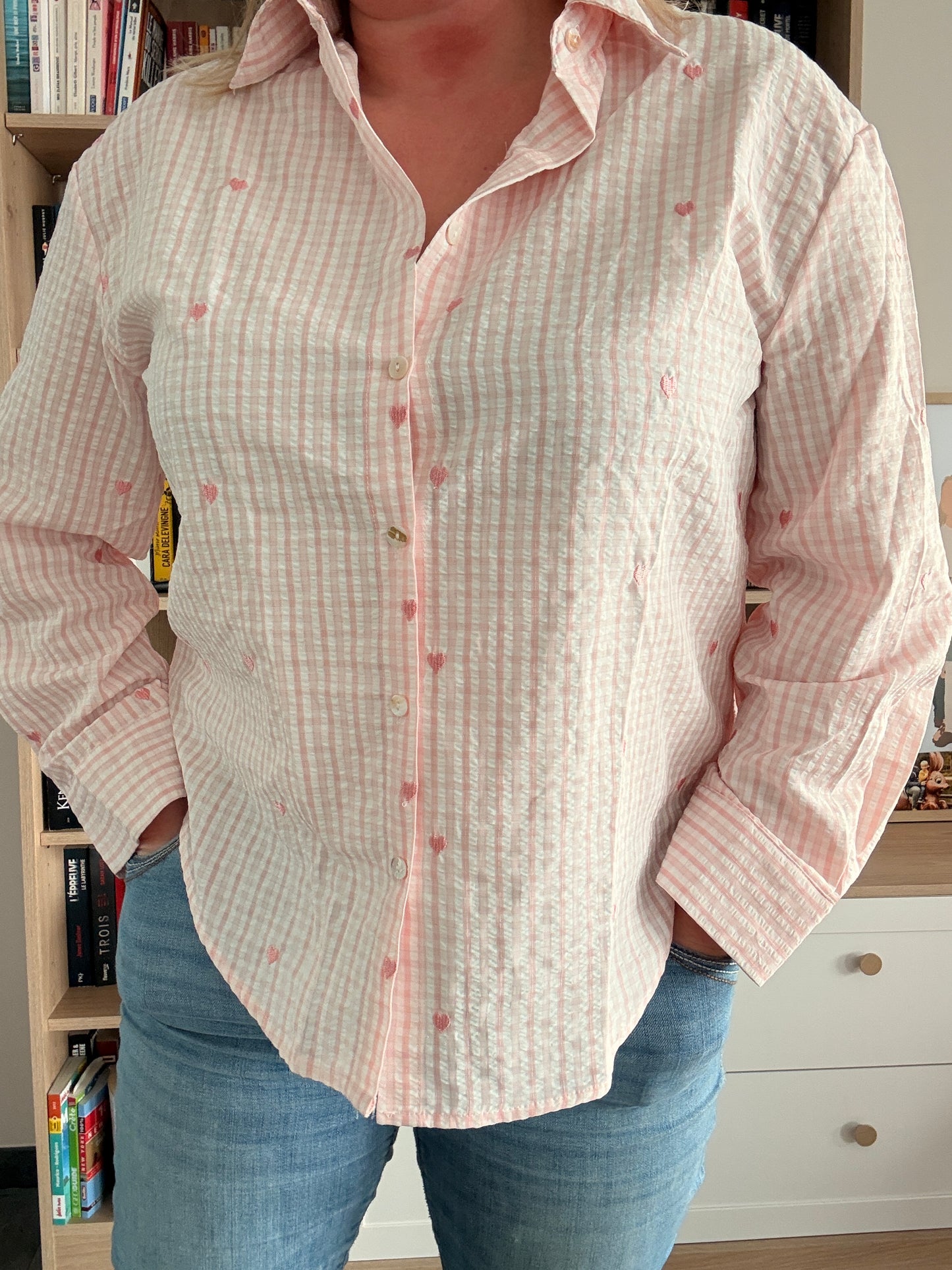 Chemise Femme Rose Carreaux Cœurs - Coton Manches Longues