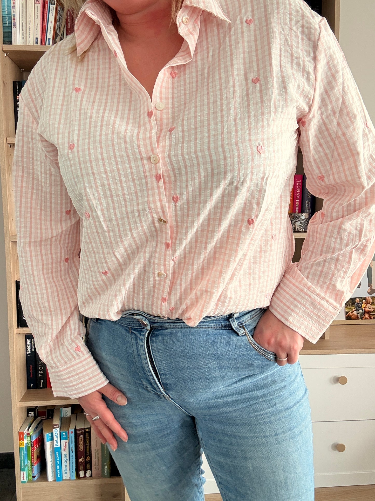 Chemise Femme Rose Carreaux Cœurs - Coton Manches Longues