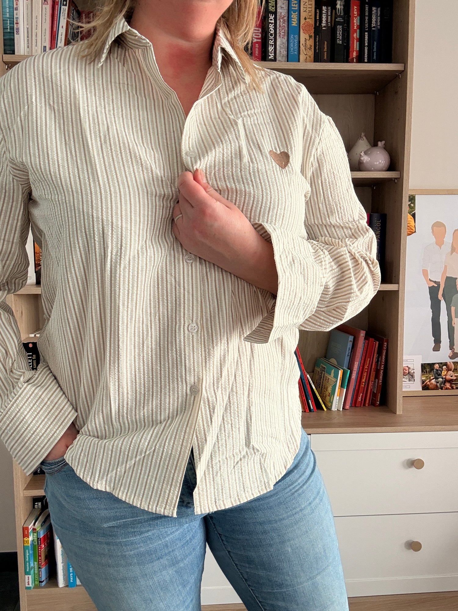 Chemise Femme Beige Rayures Marron - Manches Longues Coton Cœur Brodé