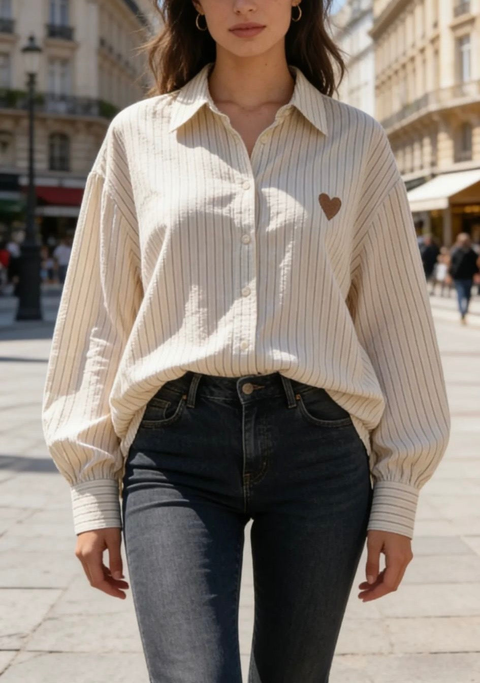 Chemise Femme Beige Rayures Marron - Manches Longues Coton Cœur Brodé