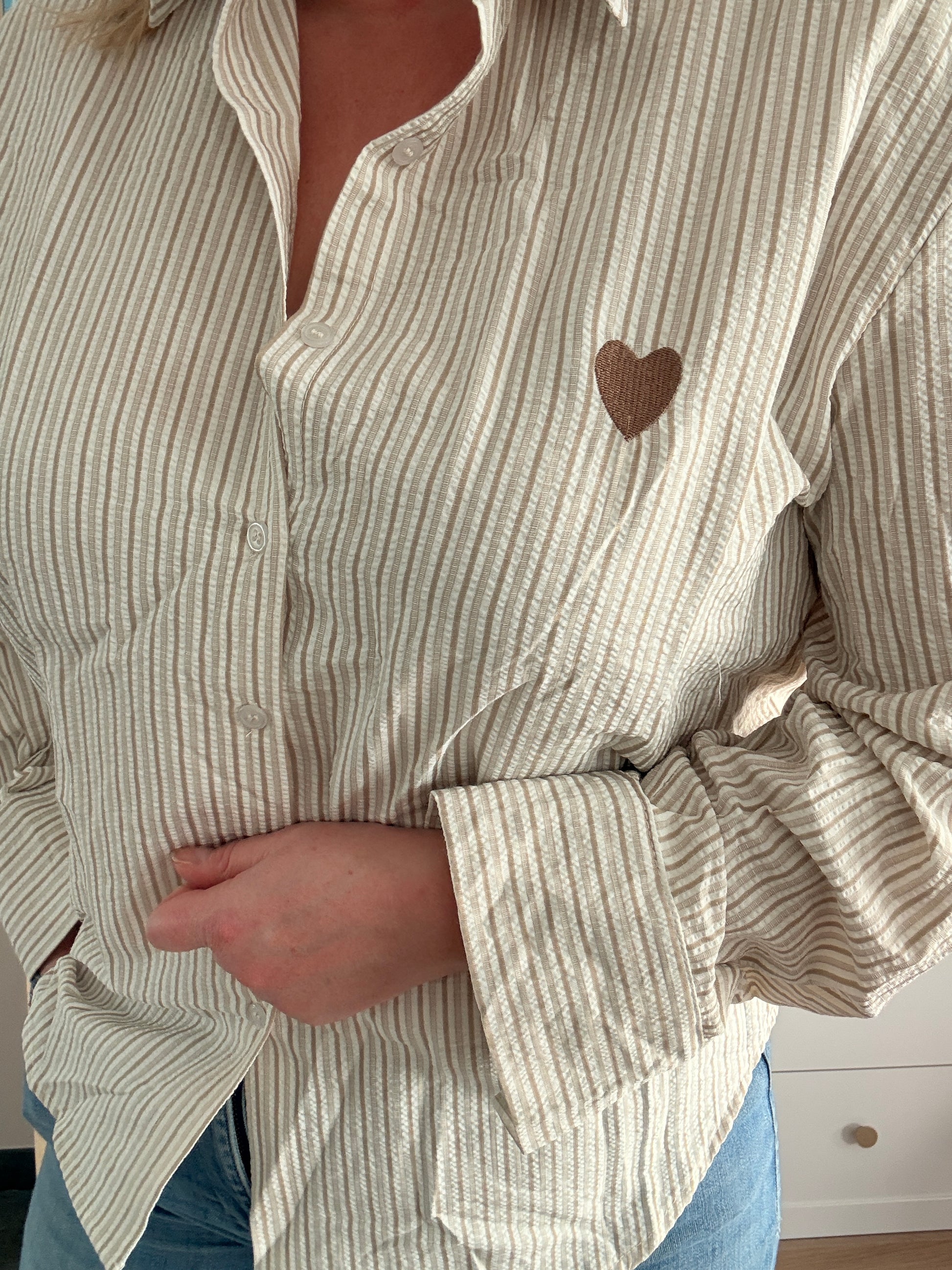 Chemise Femme Beige Rayures Marron - Manches Longues Coton Cœur Brodé