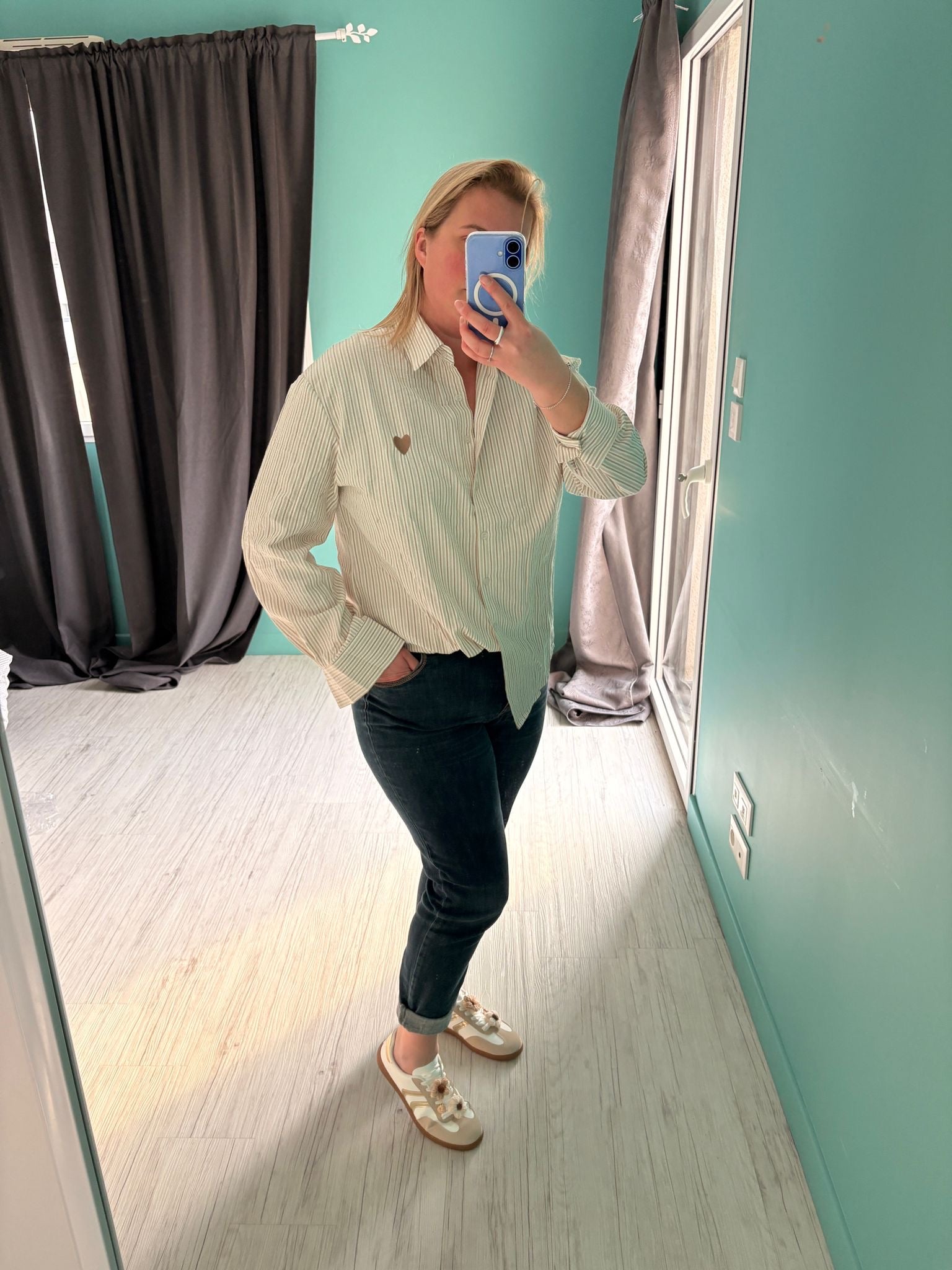 Chemise Femme Beige Rayures Marron - Manches Longues Coton Cœur Brodé