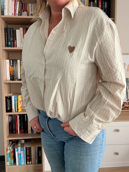 Chemise Femme Beige Rayures Marron - Manches Longues Coton Cœur Brodé