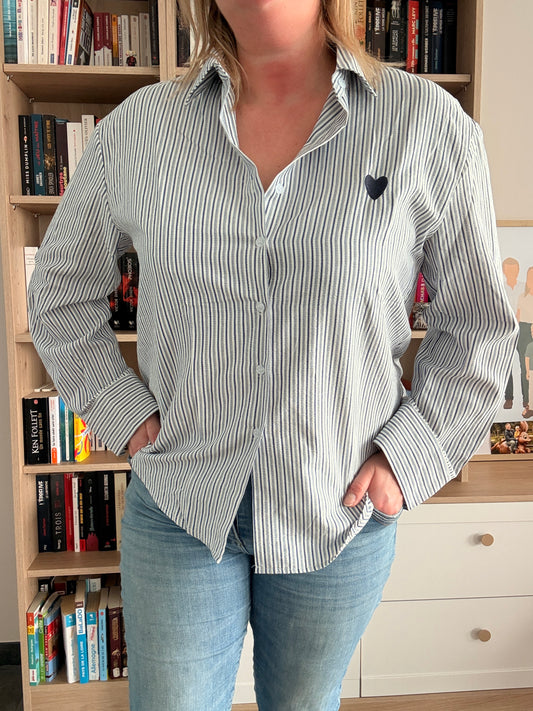 Chemise Femme Bleu Clair Rayures Blanches - Coton Cœur Brodé Marine