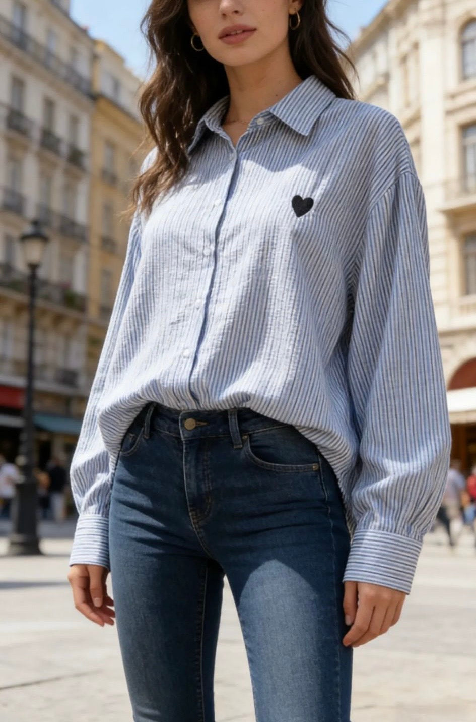Chemise Femme Bleu Clair Rayures Blanches - Coton Cœur Brodé Marine