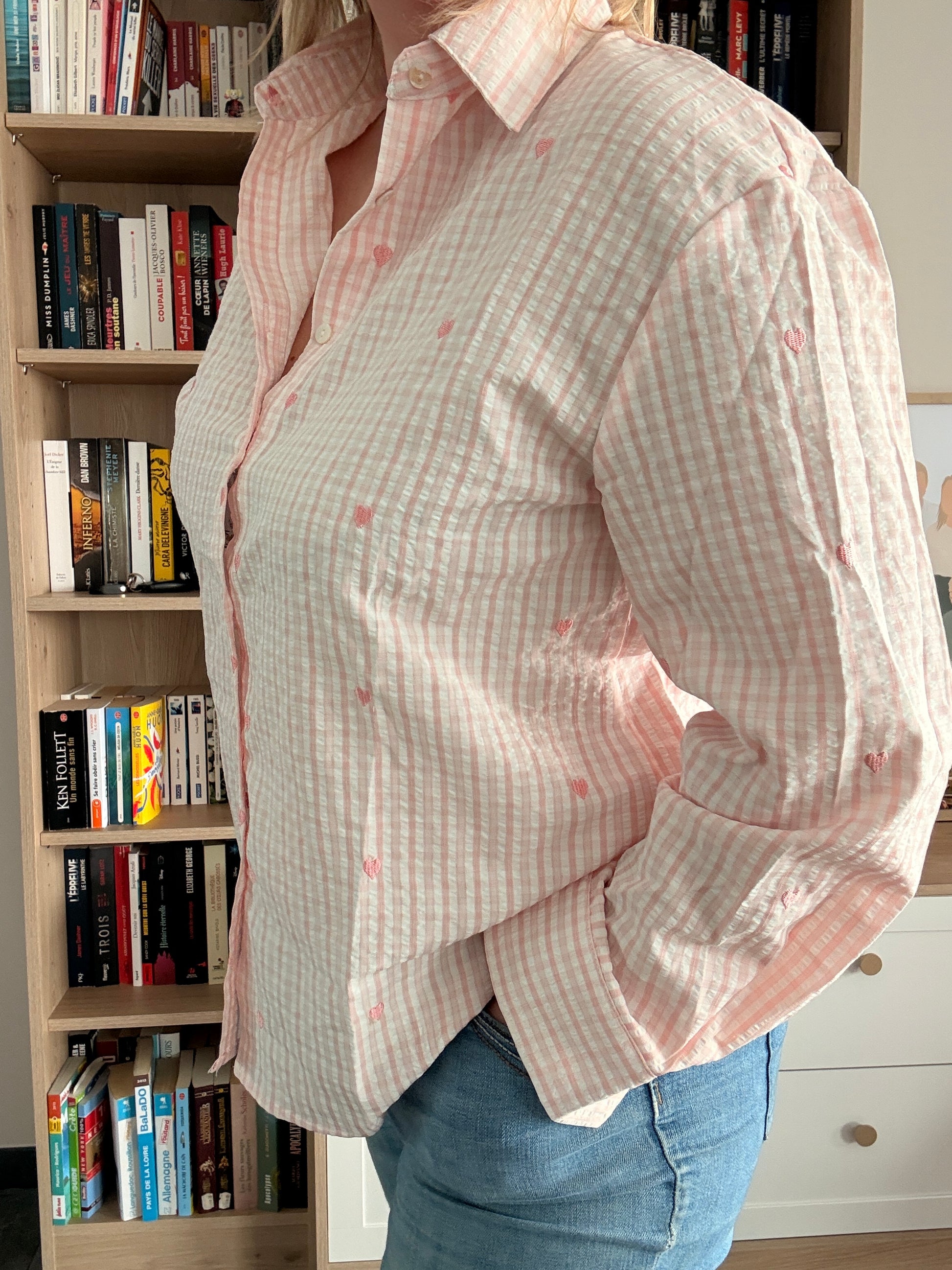 Chemise Femme Rose Carreaux Cœurs - Coton Manches Longues