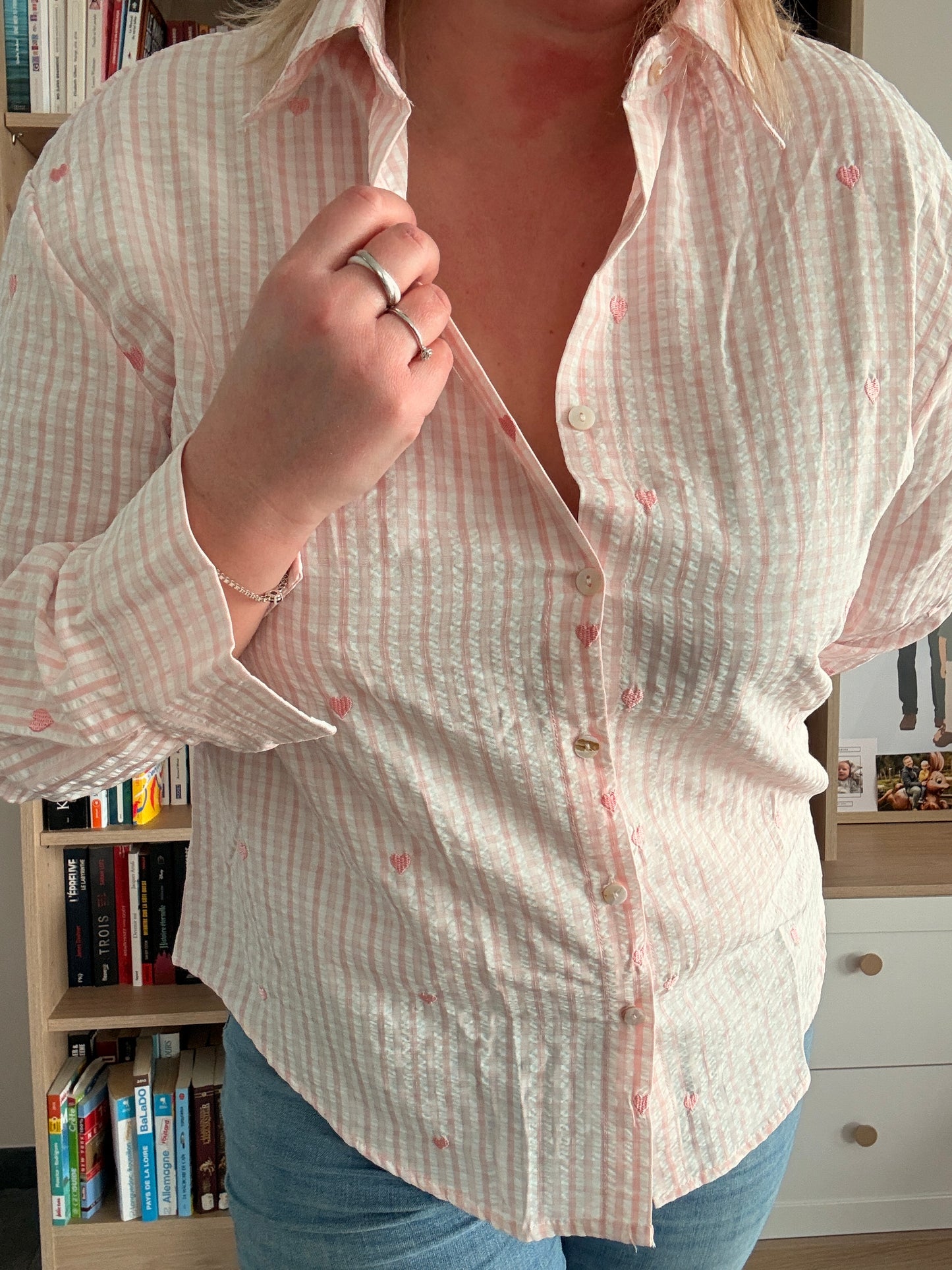 Chemise Femme Rose Carreaux Cœurs - Coton Manches Longues