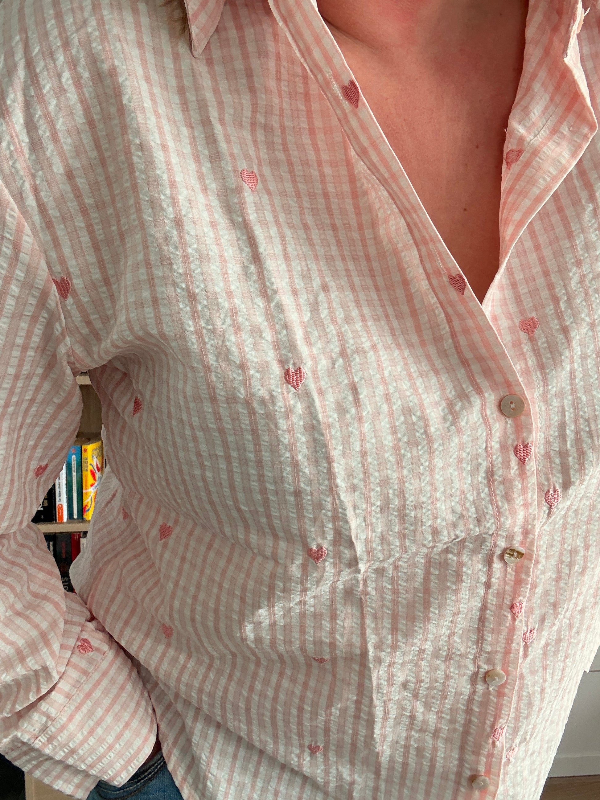 Chemise Femme Rose Carreaux Cœurs - Coton Manches Longues
