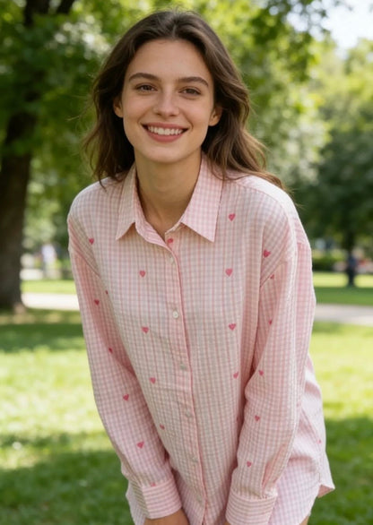 Chemise Femme Rose Carreaux Cœurs - Coton Manches Longues