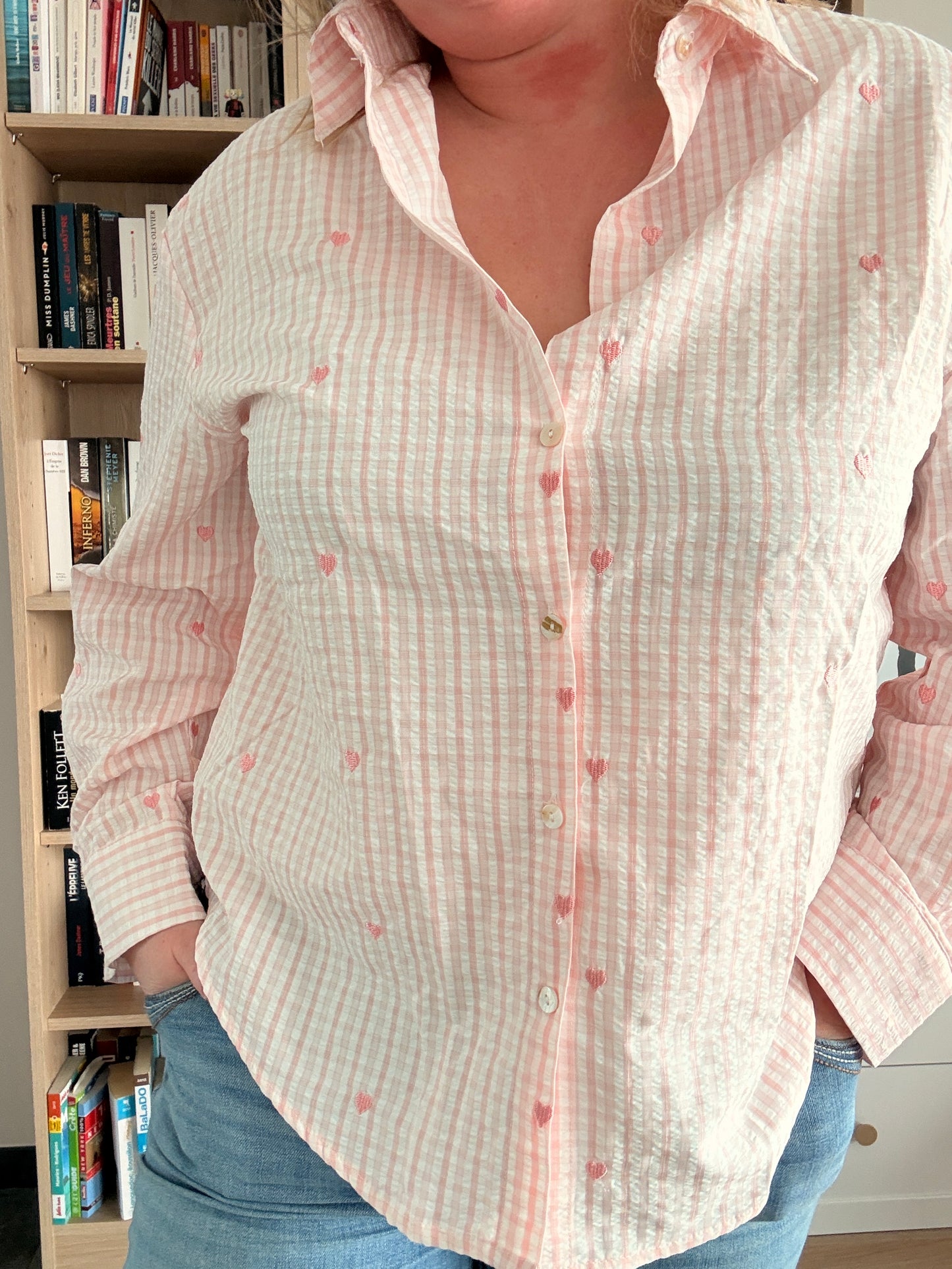Chemise Femme Rose Carreaux Cœurs - Coton Manches Longues