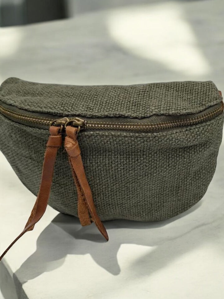 Nouveautés - Sac banane en jute vert kaki 1 poche doubles curseurs