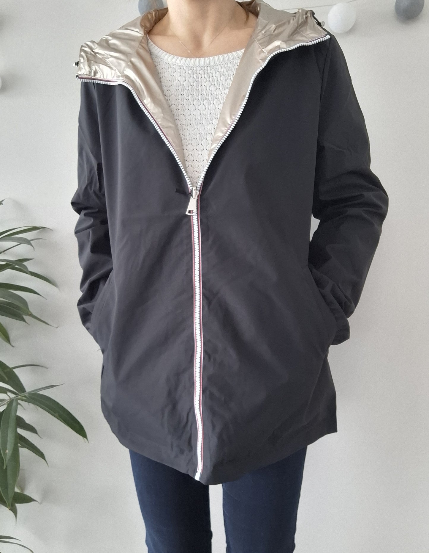 Manteau imperméable réversible mi-long léger Noir/doré