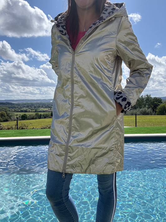 Laura Jo - Imperméable réversible long mi-saison garnissage ouate doré/léopard