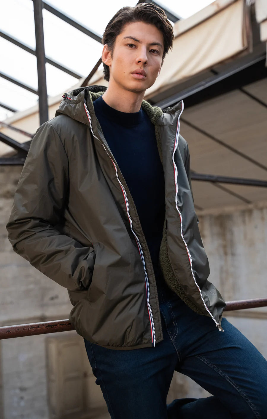 Laura Jo - Manteau HOMME imperméable court fourré fausse fourrure sherpa kaki