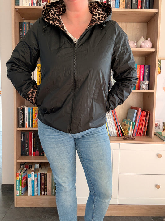 Laura Jo - Imperméable noir réversible léopard court mi-saison garnissage ouate
