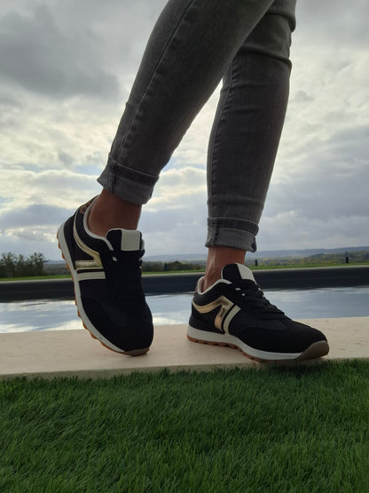 Chaussures baskets basses noir doré style sneakers new balance