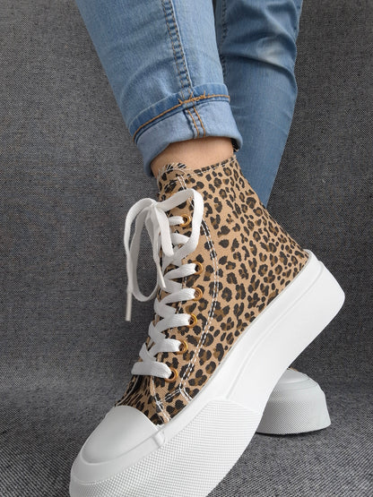 Chaussures baskets hautes en tissu toile leopard marron beige semelles compensées