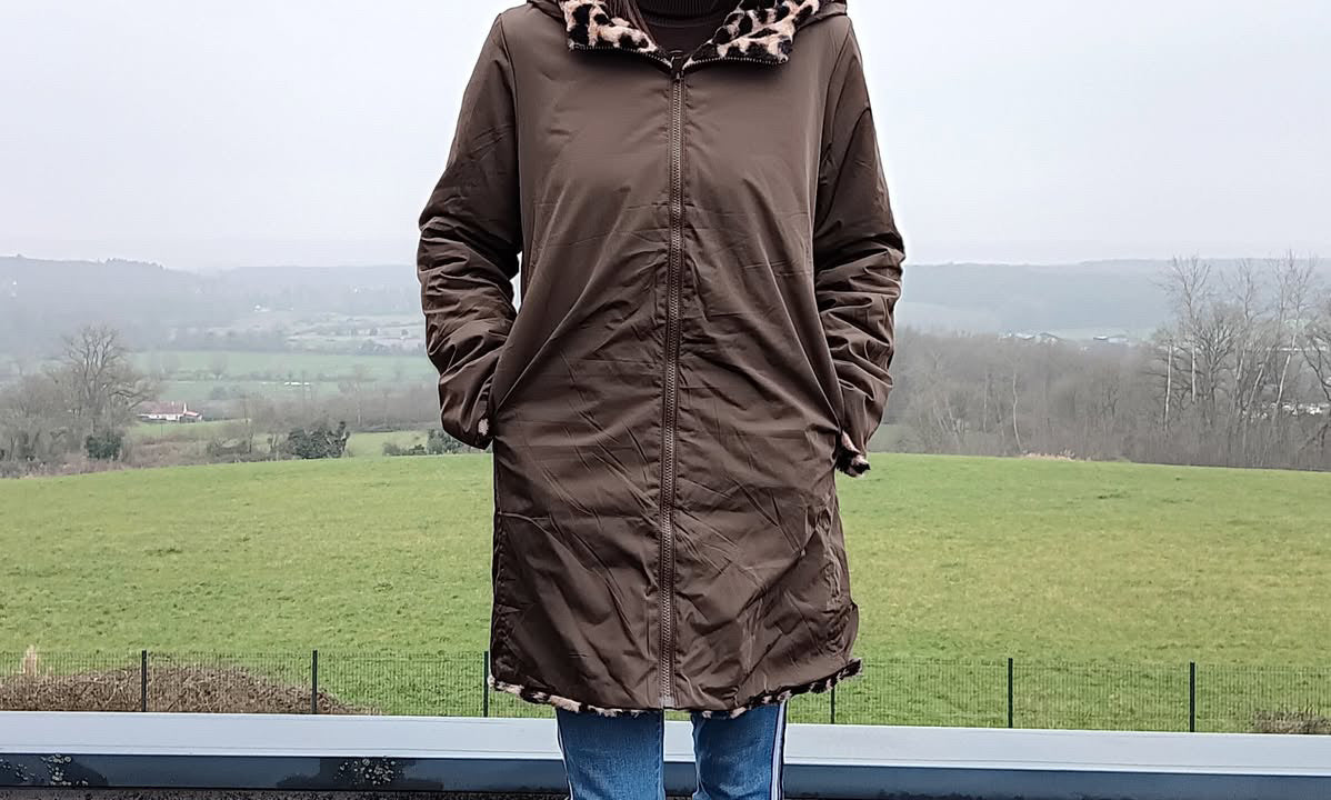 Melya Melody - Manteau long cuisses fourré réversible imperméable kaki marron léopard