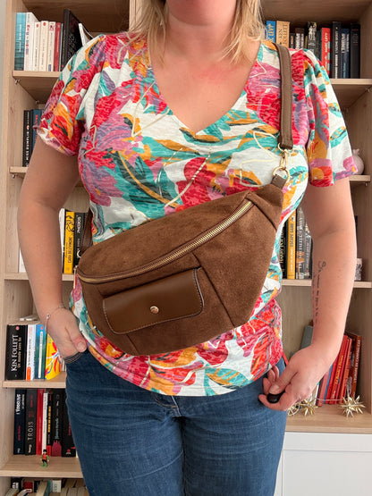 Sac banane XL femme marron camel effet daim et simili cuir – grand format tendance, bandoulière réglable, poche zippée