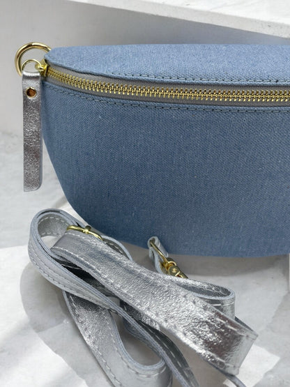 Sac banane tissu jean bandouliere grise en cuir