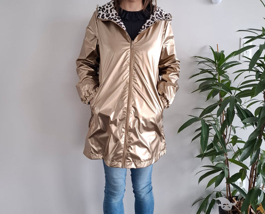 Attrait Paris - Manteau long sans ouate imperméable doré réversible avec motif léopard avec capuche