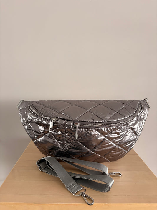 Sac banane XL matelassé effet doudoune argenté