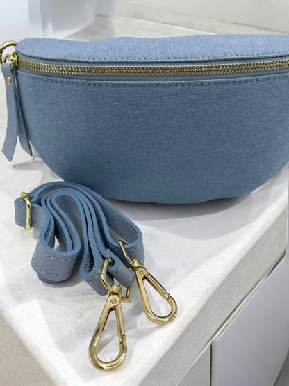 Sac banane tissu jean bandouliere bleu clair en cuir