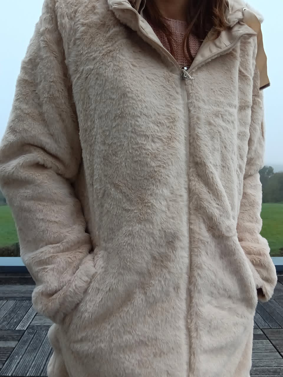 New Lolo - Manteau long BEIGE zip uni réversible, imperméable et complètement fourré resserrable à la taille