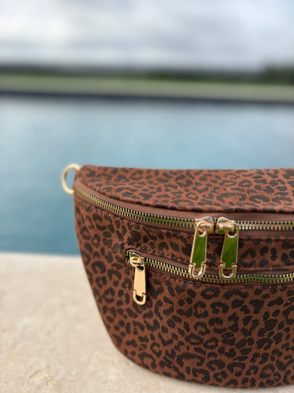 Sac banane tissu doux léopard marron noir 2 poches
