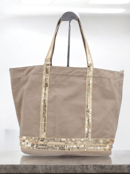 Sac à main style cabas porté main en tissu taupe avec sequins dorés