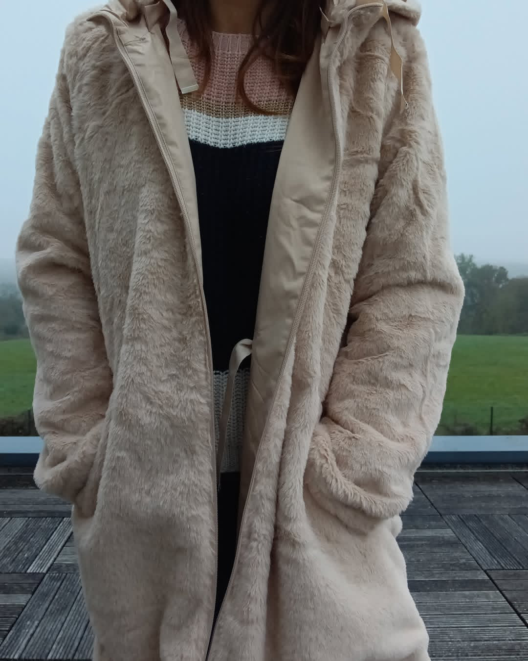 New Lolo - Manteau long BEIGE zip uni réversible, imperméable et complètement fourré resserrable à la taille