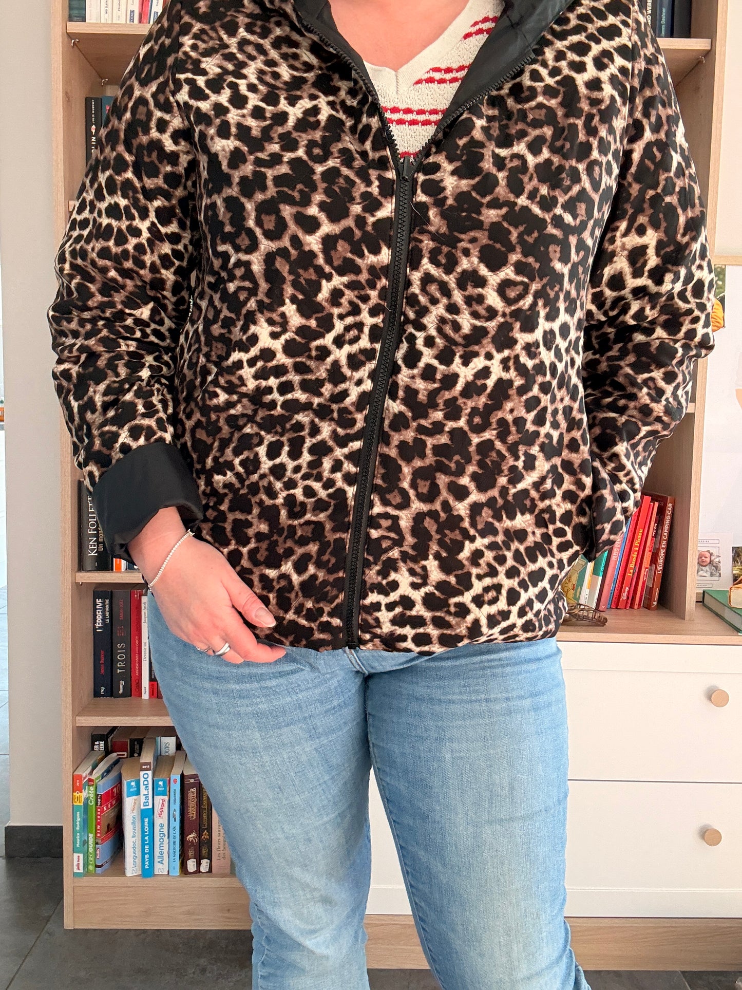 Laura Jo - Imperméable noir réversible léopard court mi-saison garnissage ouate