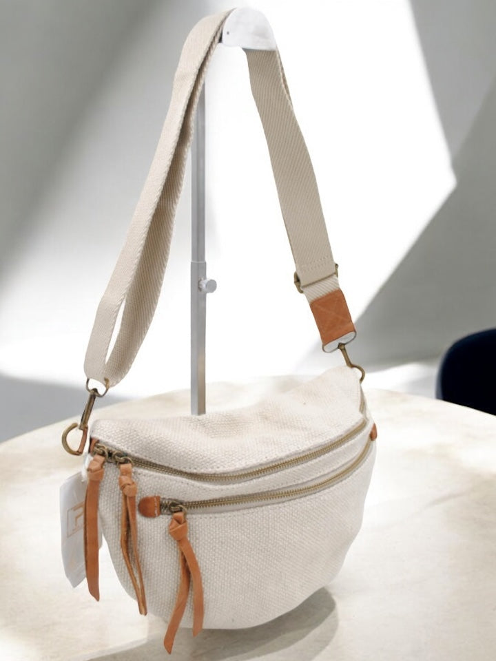 Nouveautés - Sac banane en jute beige 2 poches doubles curseurs