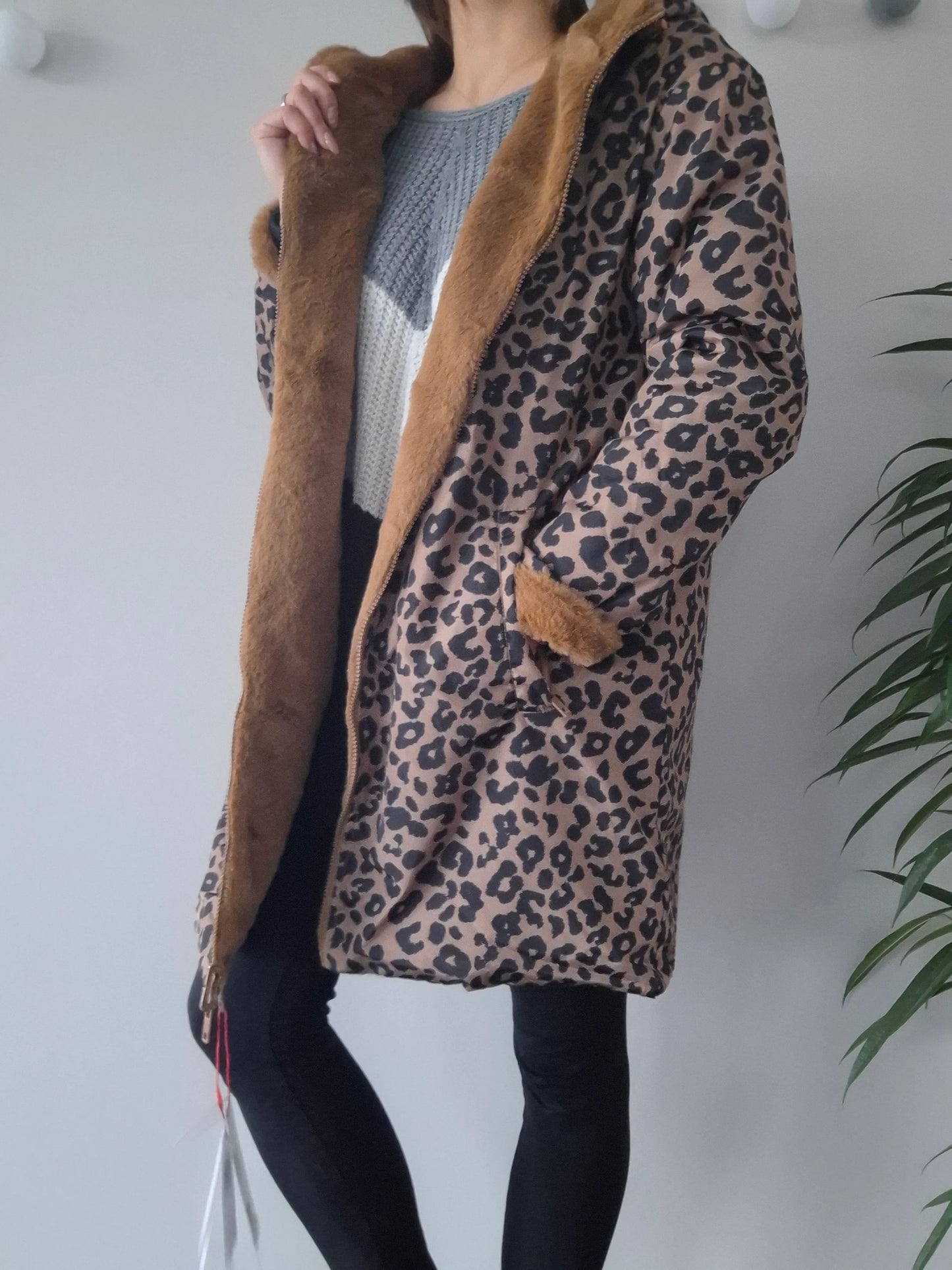 Escandelle - Manteau long réversible et imperméable léopard fourré fausse fourrure marron