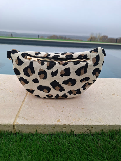 Sac banane en tissu toucher jute beige imprimé léopard